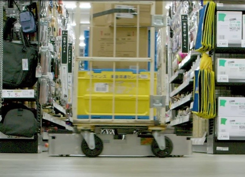 Fuji robot moving carts during after-hours operation at a store in Japan (Photo: Business Wire)