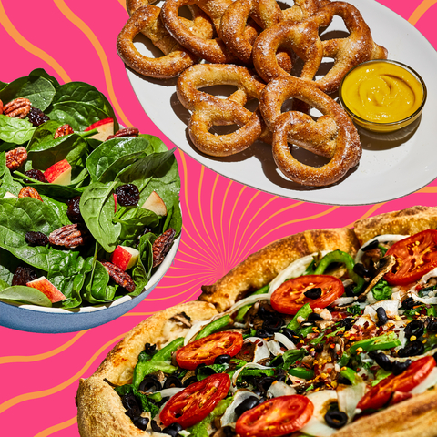 Mellow Mushroom Vegan Enlightened Spinach Salad, Veg Out Pizza, Pretzels (Photo: Business Wire)