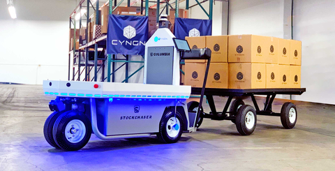Cyngn’s DriveMod-enabled Columbia Stockchaser cargo vehicle outfit with an Ouster REV7 sensor. (Photo: Business Wire)