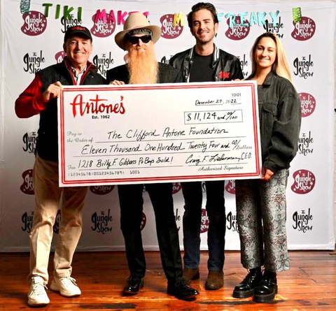 ZZ Top's Billy F. Gibbon's Whisker Bomb Po' Boy sales enhance the holiday mood with a donation to the Clifford Antone Foundation at Antone's Nightclub's Jungle Show in Austin, Texas. From L to R-- Antone's Famous Po' Boys CEO Craig Lieberman, ZZ Top's Billy F. Gibbons, Clifford Antone Foundation members, Zach Ernst and Mallory Bellinger. Proceeds of over 1,200 of Gibbons' sandwiches turned into an $11,218.00 donation from Antone's Famous Po' Boy stores in Houston, Texas as part of their 60th Anniversary celebration. (Photo: Business Wire)