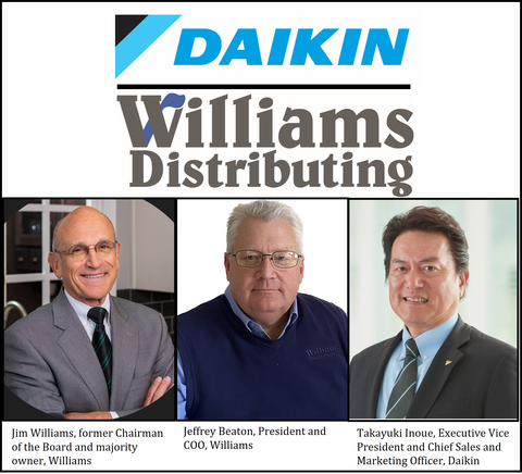 Daikin Comfort Technologies North America has acquired Williams Distributing, a distribution powerhouse for HVAC equipment and residential building products in the Great Lakes region. (Left to right) Jim Williams, former Chairman of the Board and majority owner for Williams; Jeffrey Beaton, President and COO of Williams; Takayuki Inoue, Executive Vice President and Chief Sales and Marketing Officer for Daikin. (Graphic: Business Wire)