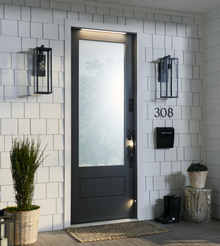 Masonite M-Pwr Smart Doors, the first residential front doors to integrate power, LED welcome lights, a smart lock and a Ring Video Doorbell into the door system, will be available for the first time at retail in Home Depot stores later this year. (Photo: Business Wire)