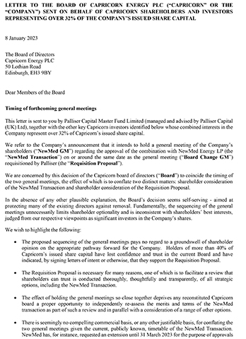Letter to the Board of Capricorn Energy PLC Sent on Behalf of Capricorn Shareholders and Investors Representing Over 32% of the Company's Issued Share Capital