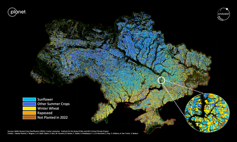 Crop type classification map, Ukraine, 2022 || This 2022 crop type classification map of Ukraine was produced in season with 94% accuracy at 3m resolution, validated with ~4700 ground data samples. Red boundary lines denote Russian-controlled Ukrainian territory, and the various coloration across the country denotes sunflower (light blue), winter wheat (yellow), rapeseed (orange), other summer crops (dark blue), and areas not planted (brown) as of October 2022. (Map generated courtesy of: NASA Harvest; Data courtesy of: Planet, Kyiv Polytechnic, NASA, and Institute for the Study of War)