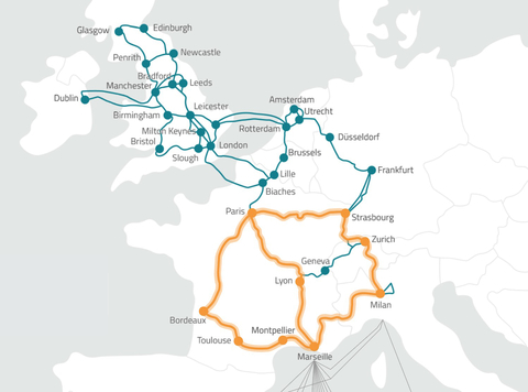 Map of Zayo's new 400G enabled route connecting Paris and Marseille (Graphic: Business Wire)