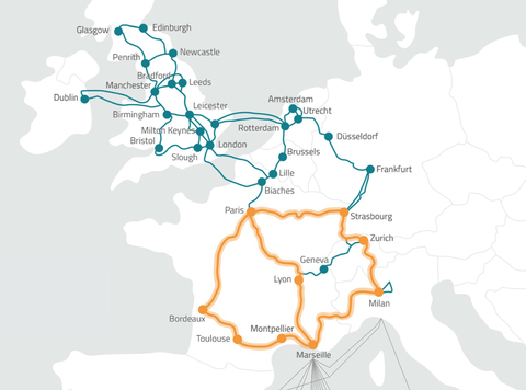 thumbnail Map of Zayo's new 400G enabled route connecting Paris and Marseille (Graphic: Business Wire)