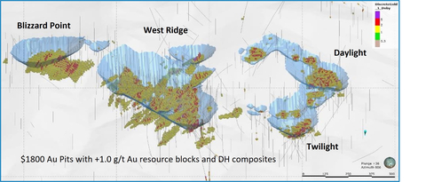 Figure 4. Doby George deposit with +1.0 g/t Au resource blocks and US$1,800 Au pits. (Graphic: Business Wire)