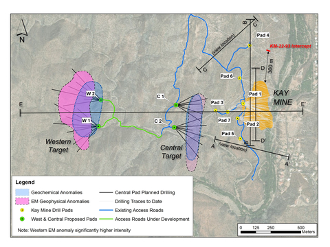 Figure 1. Plan view of proposed pads and drill roads to test Central Target (pads C1 and C2) and Western Target (pads W1 and W2). (Graphic: Business Wire)