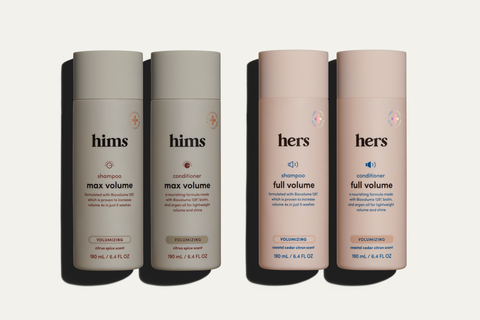 Hims & Hers' new volumizing shampoos and conditioners (Photo: Business Wire)