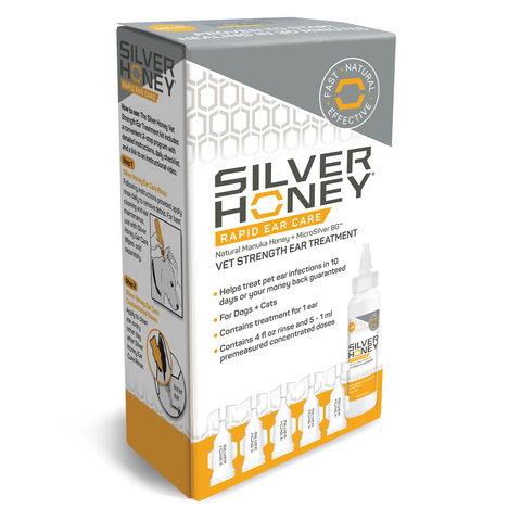Silver Honey® Rapid Ear Care is a line of revolutionary ear care solutions for all types of ear care needs. Silver Honey® Vet Strength Ear Treatment is a system used to treat ear issues. It is comprised of ear rinse and concentrated doses that help treat otitis external ear conditions including fungus and yeast while reducing foul ear smell. Kit: Rinse + Concentrated Doses Combo Pack. (Photo: Business Wire)