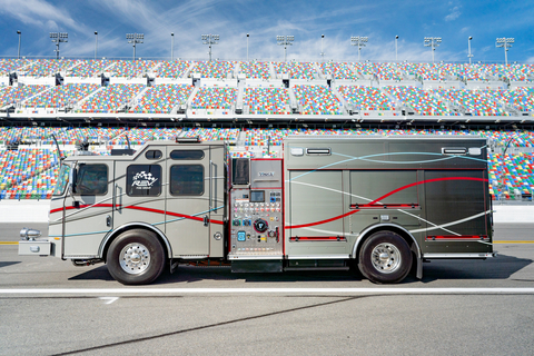 The all-electric Vector fire truck and the other REV Fire Group apparatus will be used at the Daytona 500, the Rolex 24 At Daytona and the Coke Zero Sugar 400. (Photo: Business Wire)