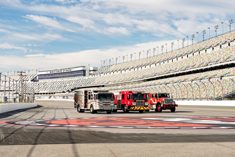 The all-electric Vector and other REV Fire Group apparatus including a Spartan S-180 Pumper and E-ONE Wildland truck will be used at the Daytona 500, the Rolex 24 At Daytona and the Coke Zero Sugar 400. (Photo: Business Wire)