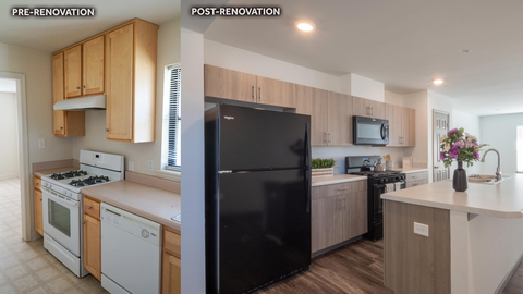 Before and after photos of military housing in the Pope Community at Fort Bragg, North Carolina, show floor plan, cabinetry, flooring and other improvements to improve service members’ residential experience. (Photo: Business Wire)
