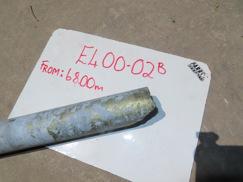 Figure 6: Drill Core from E400 Hole 2B - The Core pictured in Figure 6, again shows shiny golden-coloured chalcopyrite mineralization (copper mineral) throughout the drill core. (Photo: Business Wire)