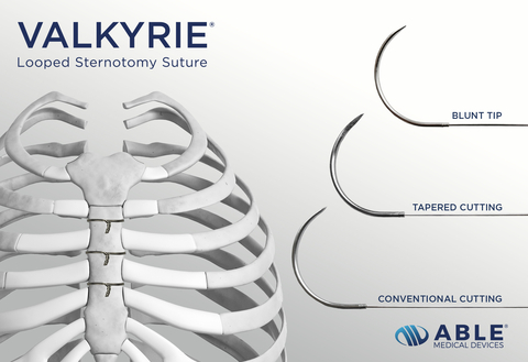 When compared to traditional wire sutures, the Valkyrie® Looped Suture doubles the surface area of single wires and provides a more robust sternal closure. Valkyrie Looped Sternotomy Sutures are fitted with three different needle configurations and available in two different sizes (48mm & 55mm). (Photo: Business Wire)