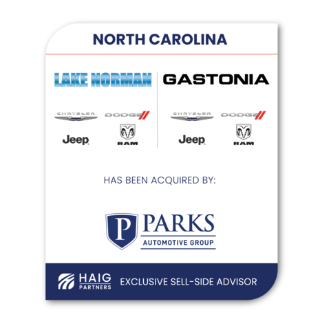 Haig Partners served as the exclusive sell-side advisor to Jack and Robin Salzman on the sale of their North Carolina CDJR stores. The sale of Lake Norman Chrysler-Dodge-Jeep-RAM is believed to set a record for the highest-value Chrysler-Dodge-Jeep-RAM dealership ever to trade hands. (Graphic: Business Wire)
