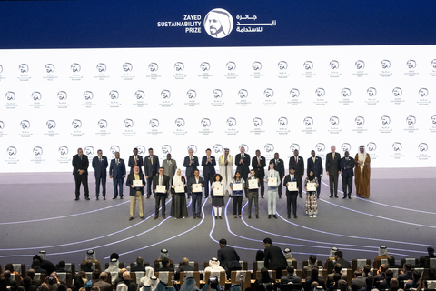 January 16, 2023: Winners of the 2023 Zayed Sustainability Prize stand on stage with global leaders. (Photo: AETOSWire)