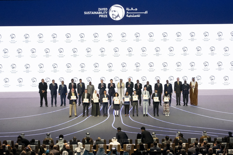 thumbnail January 16, 2023: Winners of the 2023 Zayed Sustainability Prize stand on stage with global leaders. (Photo: AETOSWire)