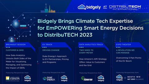 Bidgely joins Duke Energy, Ameren, Southern California Edison, the Department of Energy and more in a series of live sessions and demonstrations at DistribuTECH 2023. (Graphic: Business Wire)