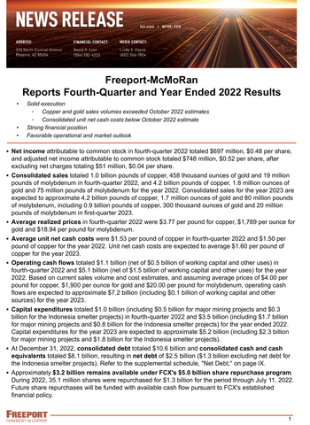Freeport-McMoRan Reports Fourth-Quarter and Year Ended 2022 Results