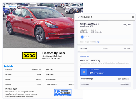 Each Recurrent report includes a Range Score, which compares a vehicle’s current max range to the original range for that make, model, and battery pack configuration. (Photo: Business Wire)