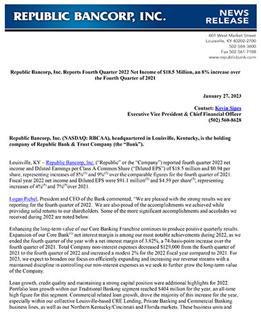 thumbnail Republic Bancorp, Inc. Reports Fourth Quarter 2022 Net Income of $18.5 Million, an 8% increase over the Fourth Quarter of 2021