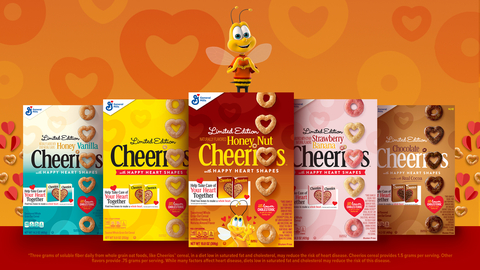 America’s No. 1 cereal brand is bringing back its happy heart shapes for the fourth year in limited-edition boxes of Honey Nut Cheerios, original yellow-box Cheerios, Chocolate, Strawberry Banana and Honey Vanilla. (Graphic: Business Wire)