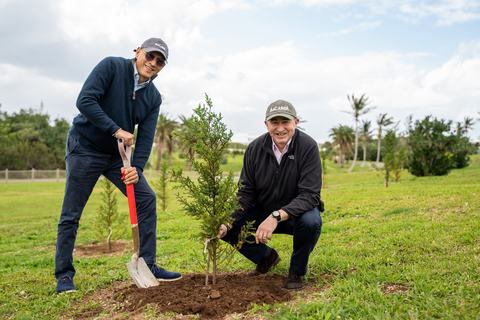 Bacardi CEO Mahesh Madhavan and Chief Supply Chain Officer Dave Ingram plant a cedar sapling in Bermuda – part of the company’s initiative to plant a tree for each of its employees to celebrate 161st anniversary. (Photo: Business Wire)