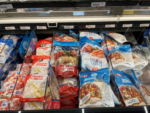 A freezer full of Lagoon Seafood products showcase to retail customers a selection of scallops, haddock, tilapia, crab meat and cod now available in select Ontario retail locations. Photo credit: Lagoon Seafood.