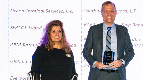 BAE Systems Ship Repair VP and GM Paul Smith and S.H.E. Director Noushin Sprossel received an Industry Safety Leadership Award from Signal Mutual as one of five U.S. shipyard companies to be recognized for superior safety performance last year. (Credit: BAE Systems)