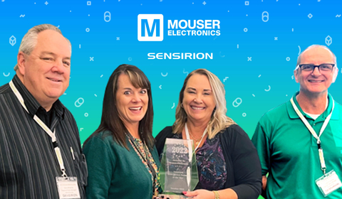 Heather McGriff, Supplier Management Director at Mouser receiving the award from Diane Haynes, Channel Manager Americas at Sensirion. (Photo: Business Wire)