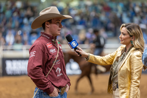 The American Rodeo Broadcaster Reporter Kadee Coffman interviews Tie Down Roper Riley Webb in Tulsa, Oklahoma on February 5, 2023 for the CBS Sports Network program. (Photo: Business Wire)