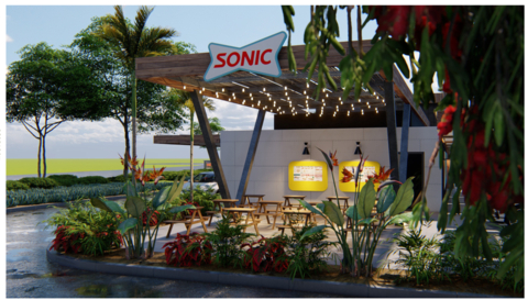 The Maui, Hawai’i SONIC Drive-In pictured in this rendering showcases a custom-designed building including custom murals and solar power. (Photo: Business Wire)