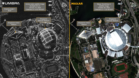 Singapore National Stadium is shown in an Umbra Synthetic Aperture Radar (SAR) image on the left and a Maxar WorldView-3 satellite image on the right. (Credit: Maxar Technologies and Umbra)