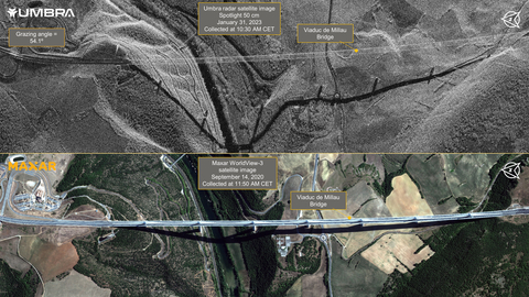 Viaduc de Millau is shown in an Umbra Synthetic Aperture Radar (SAR) image on the top and a Maxar WorldView-2 satellite image on the bottom. (Credit: Maxar Technologies and Umbra)