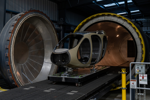 The fuselage of the first aircraft to be produced on Joby’s pilot manufacturing line in Marina, CA, heads into a large autoclave to be post cured at a precise temperature and pressure. Credit: Joby Aviation.