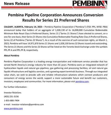 Pembina Pipeline Corporation Announces Conversion Results for Series 21 Preferred Shares