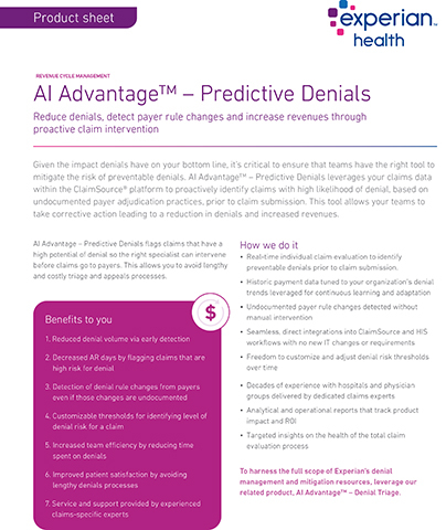 AI Advantage – Predictive Denials Product Sheet (Graphic: Business Wire)
