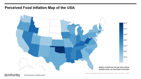 Perceived food inflation - map of the USA. (Source: dunnhumby Consumer Trends Tracker)