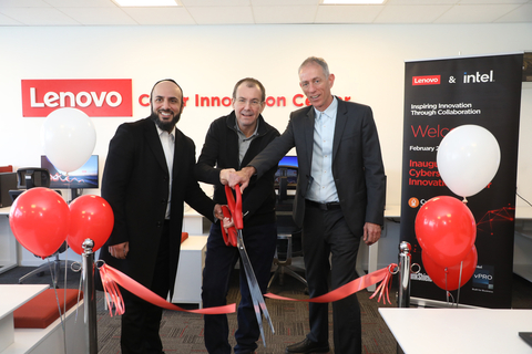 Lenovo Cybersecurity Innovation Center Ribbon Cutting. From the left: Nima Baiati, Executive Director & GM, Commercial Cybersecurity Solutions, Lenovo; Luca Rossi, President of Intelligent Devices Group, Lenovo; Prof. Yuval Elovici, Head of Ben-Gurion University Cyber Security Research Center (Photo: Business Wire)