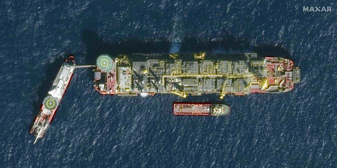 This Maxar WorldView-3 image, collected January 15, 2022, shows offshore petroleum activity in the Guyanese Exclusive Economic Zone (EEZ). (Credit: Maxar Technologies)