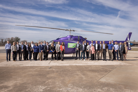 The team from Bell, Safran Helicopter Engines, Neste, GKN Aerospace and Virent, a wholly owned subsidiary of Marathon Petroleum, celebrated the world’s first single engine helicopter to fly using 100% Sustainable Aviation Fuel. (Photo: Business Wire)