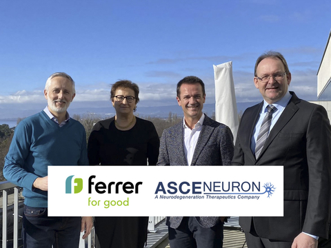 From left to right: Oscar Pérez, Chief Marketing, Pricing & Market Access and Business Development Officer (Ferrer), Catherine Moukheibir, Board of Directors (Asceneuron), Mario Rovirosa, CEO (Ferrer) and Dirk Beher, CEO & Co-founder (Asceneuron), after signing the license agreement in Asceneuron's Headquarters in Lausanne, Switzerland. (Photo: Ferrer)