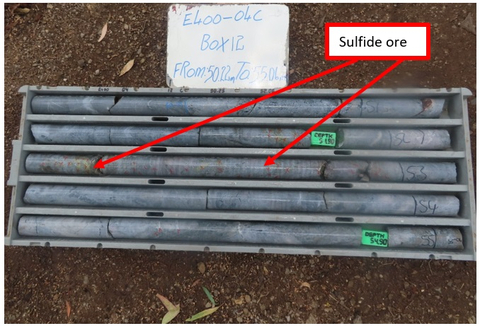 Figure 3: Drill Core from Hole 4C The core pictured in Figure 3 shows the clearly visible sulfide mineralization.