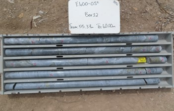 Figure 5: Drill Core from E400 Hole 5C The core pictured in Figure 5, again shows shiny golden-coloured chalcopyrite mineralization (copper mineral) throughout the drill core.