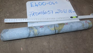 Figure 7: Drill Core from E400 Hole 6C The core pictured in Figure 7 again shows shiny golden-coloured chalcopyrite mineralization (copper mineral) throughout the drill core.