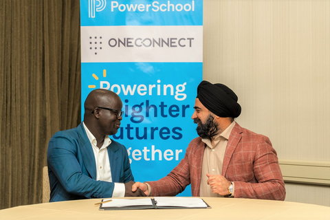 OneConnect Education Managing Director, Rogers Sithole, and PowerSchool CEO, Hardeep Gulati, finalize partnership plans to expand PowerSchool solutions across Africa. (Photo: Business Wire)