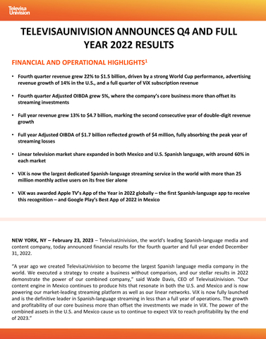 original TelevisaUnivision Q4 and Full Year 2022 Results