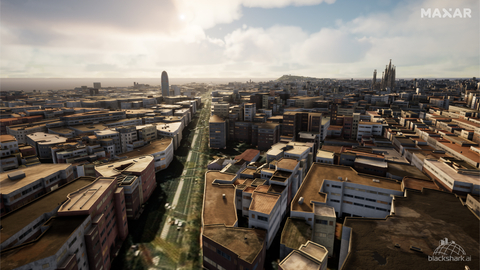 A digital twin of Barcelona, Spain, as seen in SYNTH3D. Image credit: Maxar and blackshark.ai