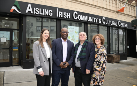 2023 Irish 40 Under 40 Award recipient Emma Brazil (Director of Account Management at Options Technology), Congressman Jamaal Bowman (16th District-NY), Ray O'Hanlon (Editor, Irish Echo), Aisling Irish Community Center Executive Director Sandra Feeney-Charles. Options today announced its sponsorship of the 2023 Irish Echo 40 Under 40 Awards. The Irish Echo, a leading Irish American news publication, will hold its Annual 40 Under 40 Awards on Friday, February 24th, The Skylight Room at Rosie O’Grady’s  in New York City. (Photo: Business Wire)
